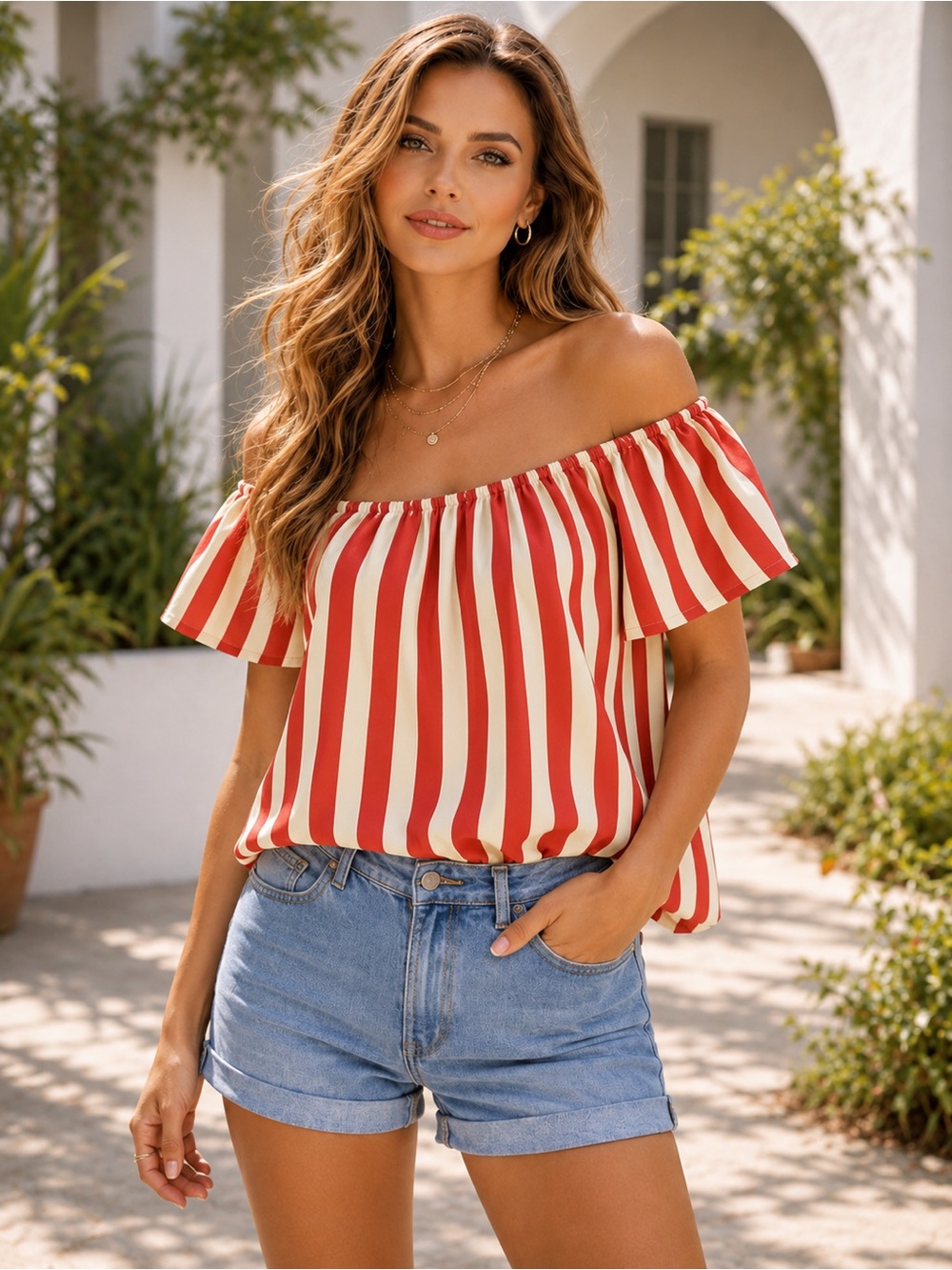 NWT Hayden LA Red Off White Striped Off Shoulder Boho Blouse Top A16